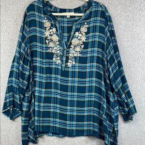 Pioneer Woman boho embroidered tunic blouse Henley button turquoise plaid 2X